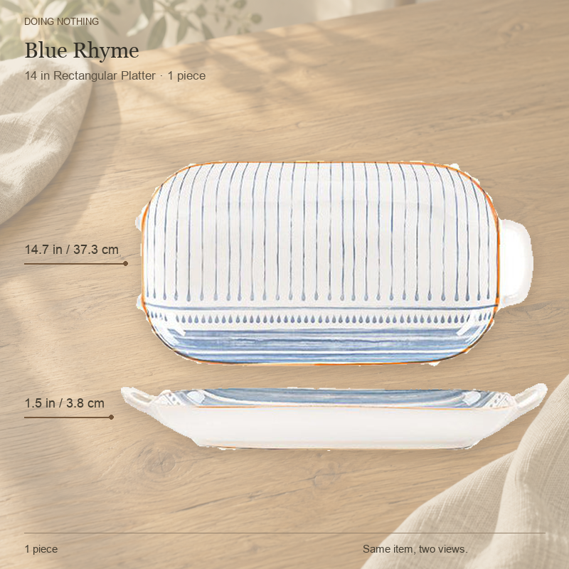 Blue Rhyme 14 in rectangular platter, shown from the top and from the side.