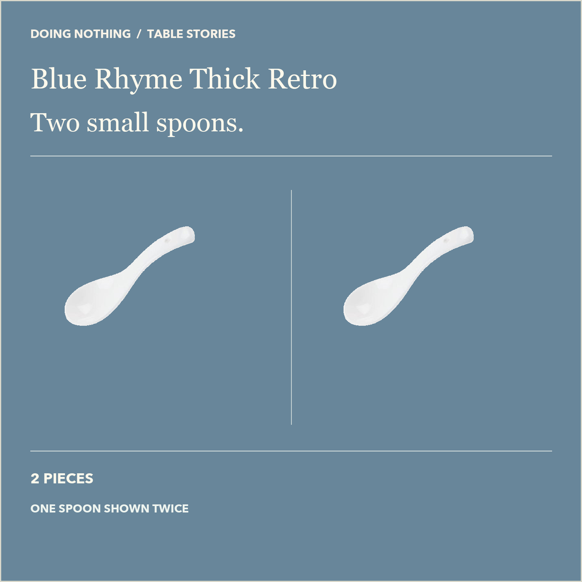 One Blue Rhyme white ceramic small spoon shown twice to illustrate the two-spoon option.