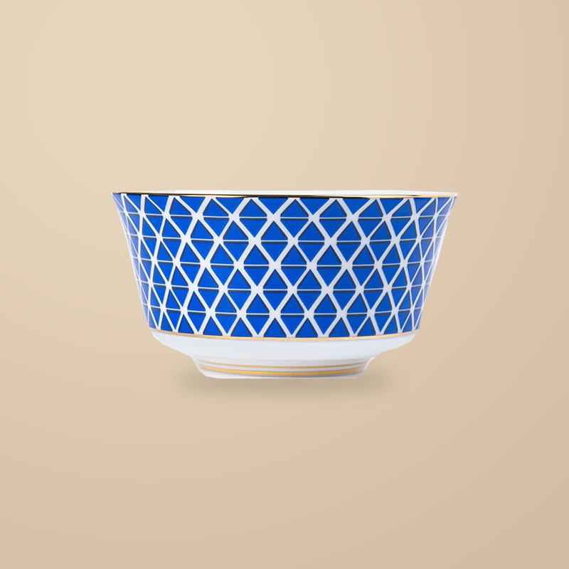 Dongli 4.5 in rice bowl in blue lattice bone porcelain with a gold rim.