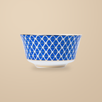 Dongli 4.5 in rice bowl in blue lattice bone porcelain with a gold rim.