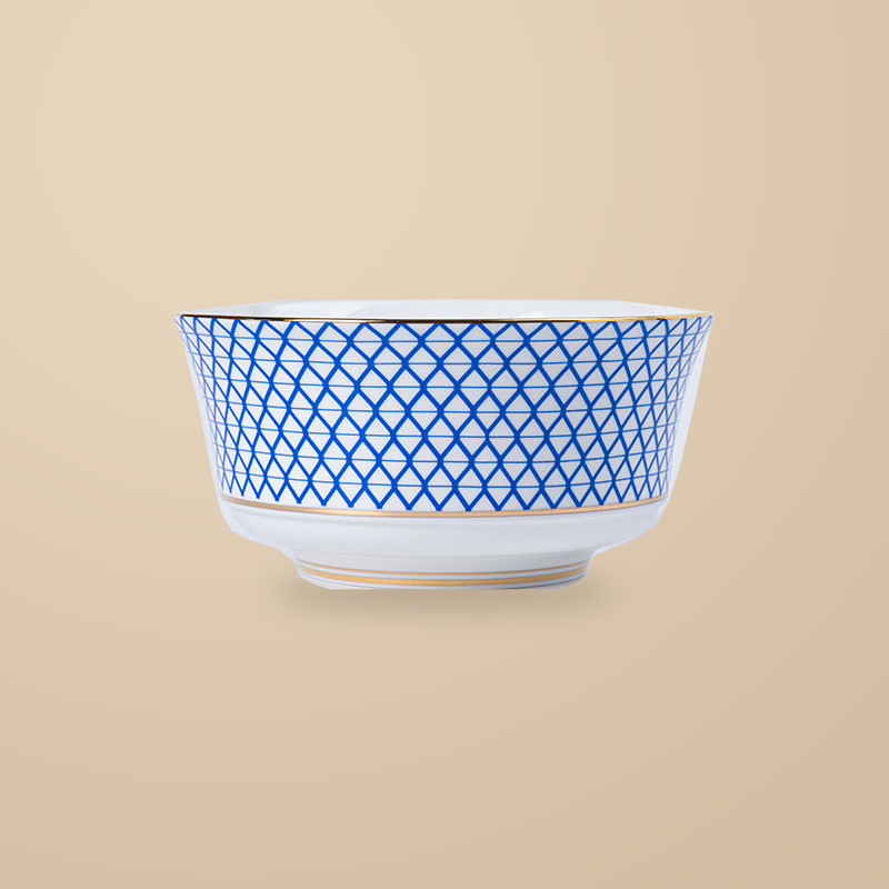 Dongli 6 in noodle bowl in blue lattice bone porcelain with a gold rim.