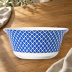 Dongli 8 in soup bowl in blue lattice bone porcelain on a wooden table.