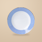 Dongli 8 in deep plate in blue lattice bone porcelain with a gold rim.