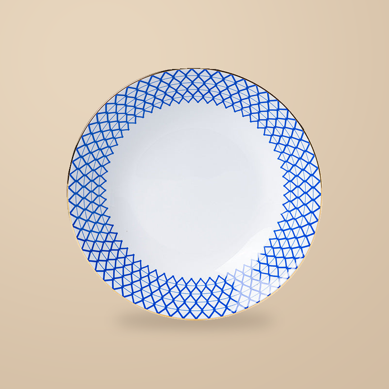 Dongli 8 in deep plate in blue lattice bone porcelain with a gold rim.