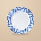 Dongli 8 in plate in blue lattice bone porcelain with a gold rim.