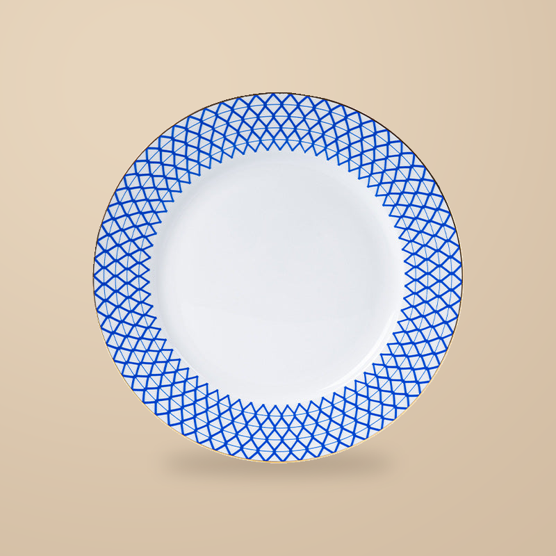 Dongli 8 in plate in blue lattice bone porcelain with a gold rim.