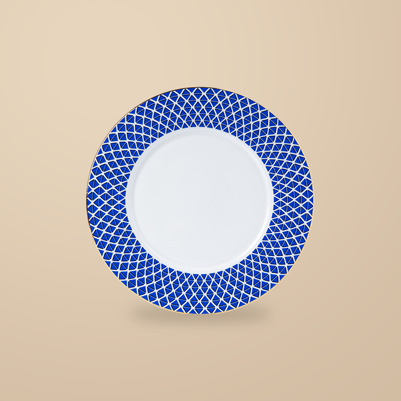 Dongli 10 in plate in blue lattice bone porcelain with a gold rim.