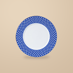 Dongli 10 in plate in blue lattice bone porcelain with a gold rim.