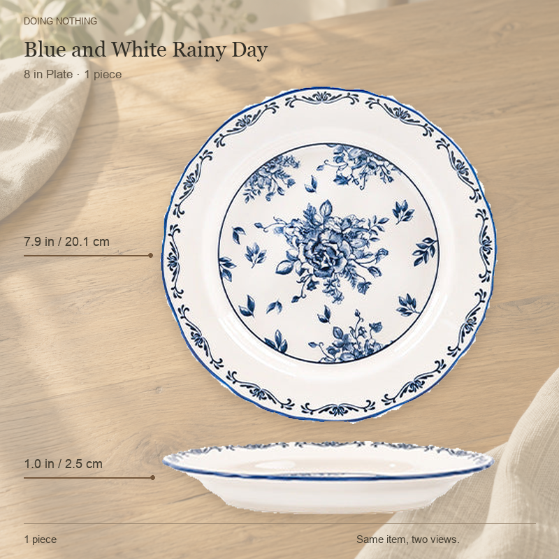 Blue and White Rainy Day 8 in plate, shown from the top and from the side.