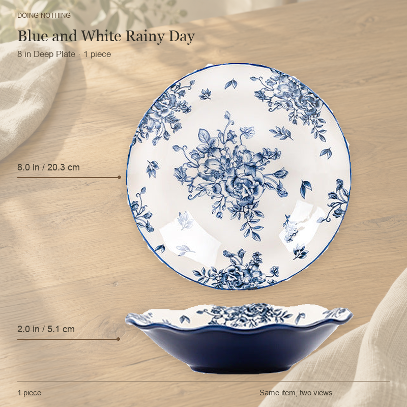 Blue and White Rainy Day 8 in deep plate, shown from the top and from the side.