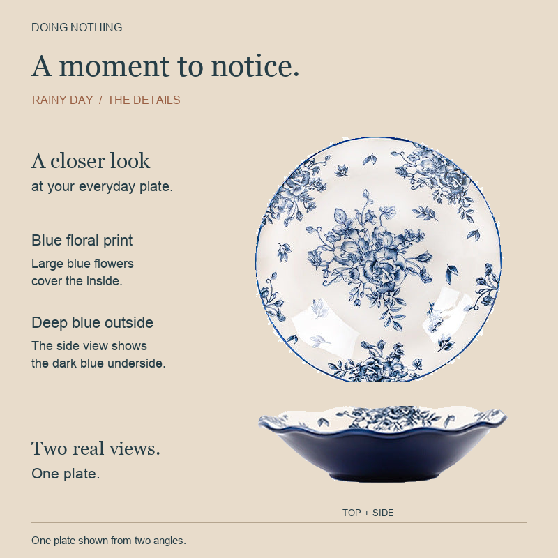 Blue and White Rainy Day 8 in deep plate with a blue floral print and dark blue outside, top and side views.