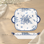 Blue and White Rainy Day square dish with two handles, shown from the top and from the side.