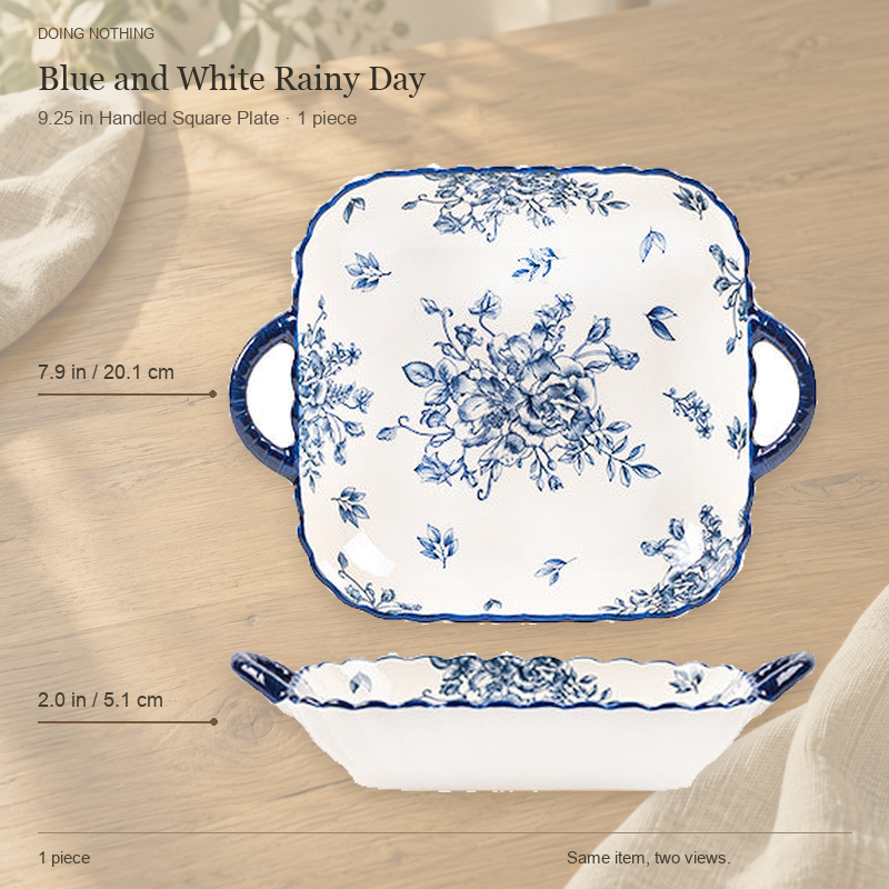 Blue and White Rainy Day square dish with two handles, shown from the top and from the side.