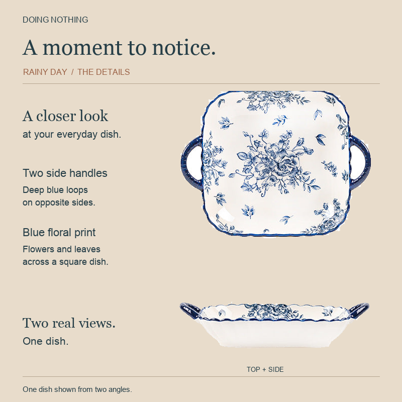 Blue and White Rainy Day square dish with two blue handles, shown from the top and from the side.
