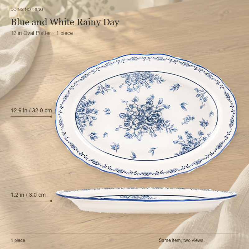 Blue and White Rainy Day 12 in oval platter, shown from the top and from the side.