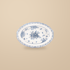 Blue and White Rainy Day 12 in oval platter with a blue floral print, on a warm beige background.