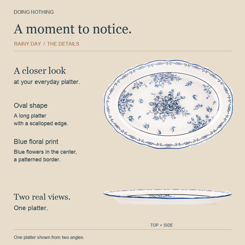Blue and White Rainy Day 12 in oval platter with a blue floral print, shown from the top and from the side.