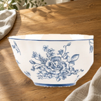 Blue and White Rainy Day 7.5 in soup bowl on a wooden table in soft daylight.
