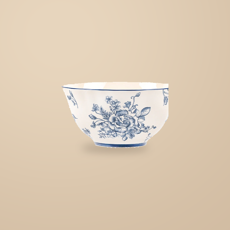 Blue and White Rainy Day 7.5 in soup bowl with a blue floral print, on a warm beige background.