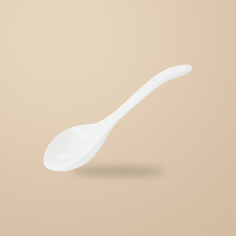 Blue and White Rainy Day large white ceramic spoon, on a warm beige background.
