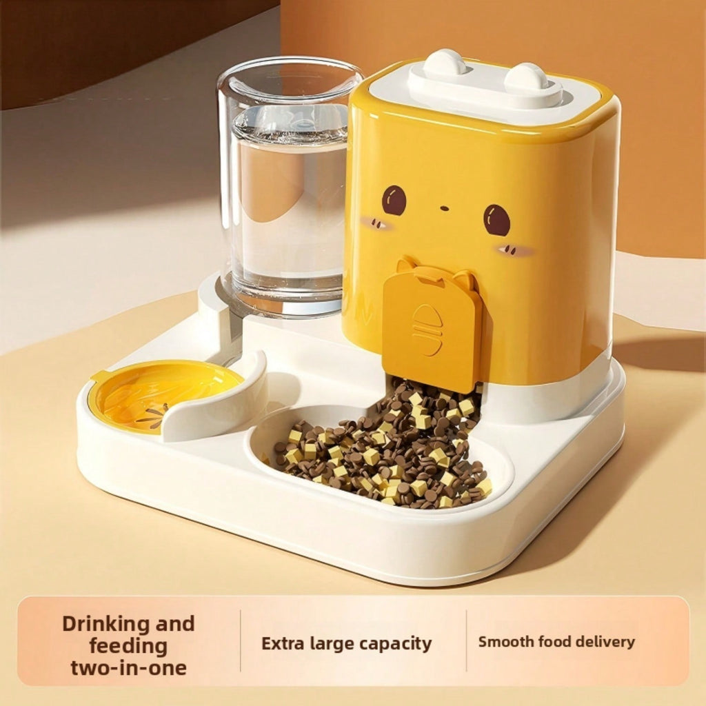 Yellow feeder with kibble flowing from the hopper into the bowl and the water bottle full; yellow is not sold here