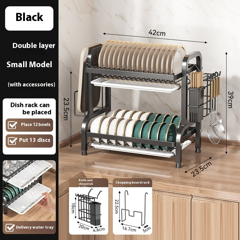 Black 2-tier dish drying rack, 42 cm wide, with utensil holder and cutting board rack — Black 2-tier