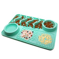 Large tray in Lake Blue with kibble in the channels and wet food on the textured panels