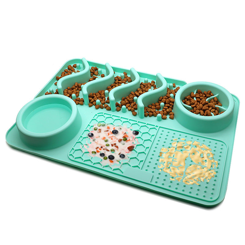 Large tray in Lake Blue with kibble in the channels and wet food on the textured panels