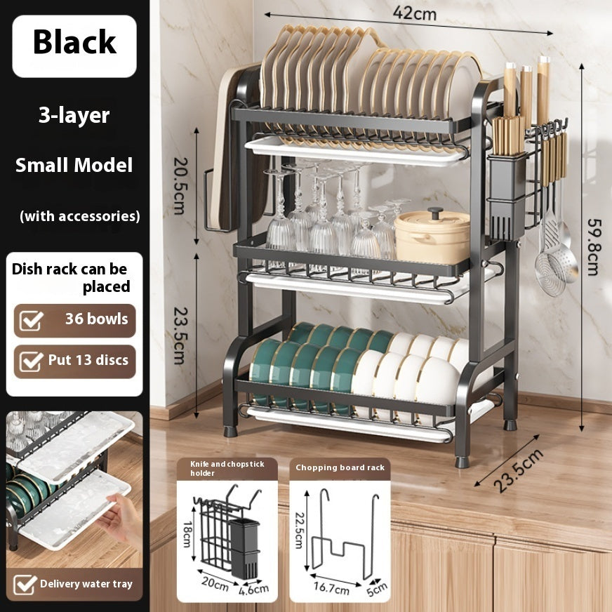 Black 3-tier dish drying rack, 42 cm wide and 59.8 cm tall — Black 3-tier