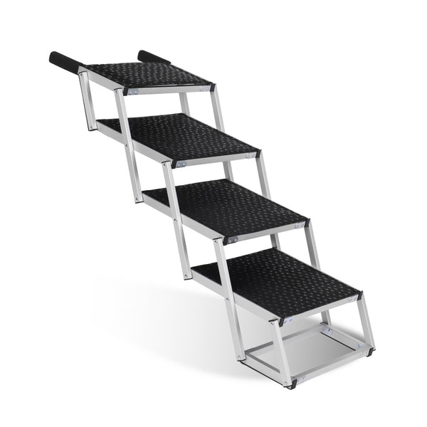 Folding aluminum dog stairs with black textured rubber steps
