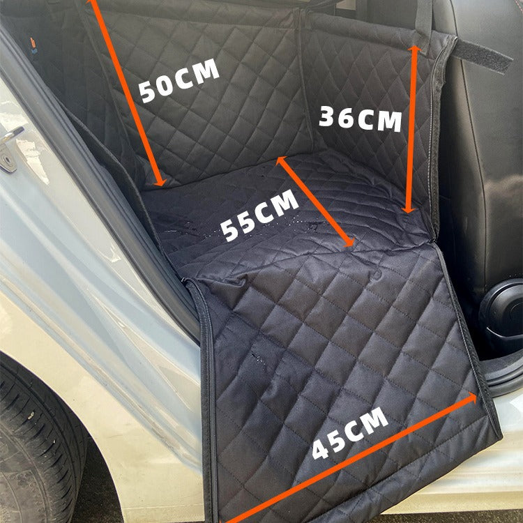 Dog car seat basket installed on a back seat with 50, 36, 55 and 45 cm measurements marked