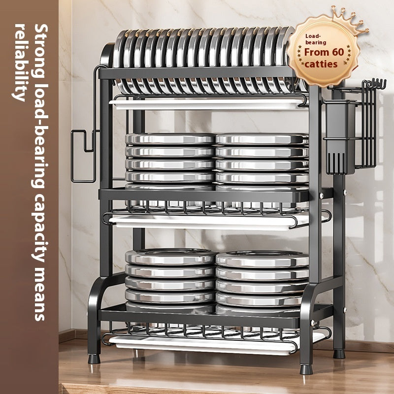 Black 3-tier dish drying rack holding plates, bowls and utensils
