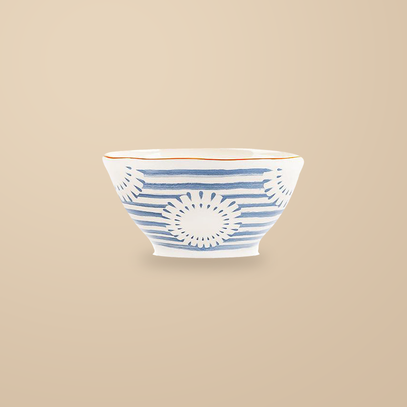 Blue Rhyme 8 in soup bowl, on a warm beige background.