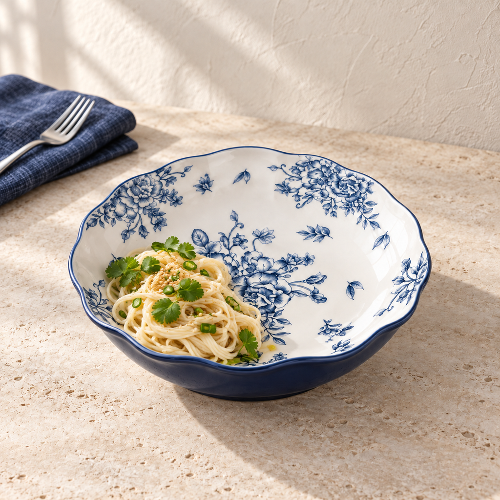 The blue and white 8 inch deep plate holding a small serving of noodles with herbs, on a pale limestone table. The fork is styling and is not included.