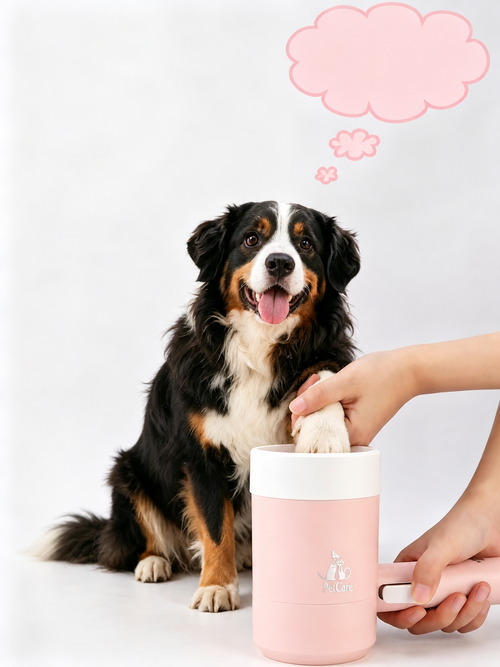 Dog with a pink pet hair remover on its paw