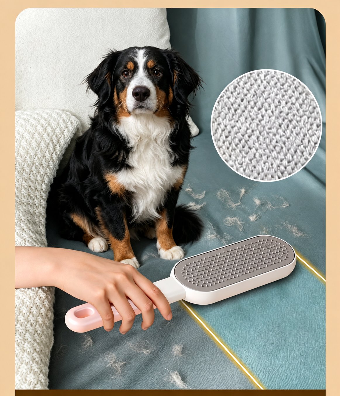 Illustration of a Bernese dog beside a pink pet hair remover brush on a sofa with a close-up of the pad texture