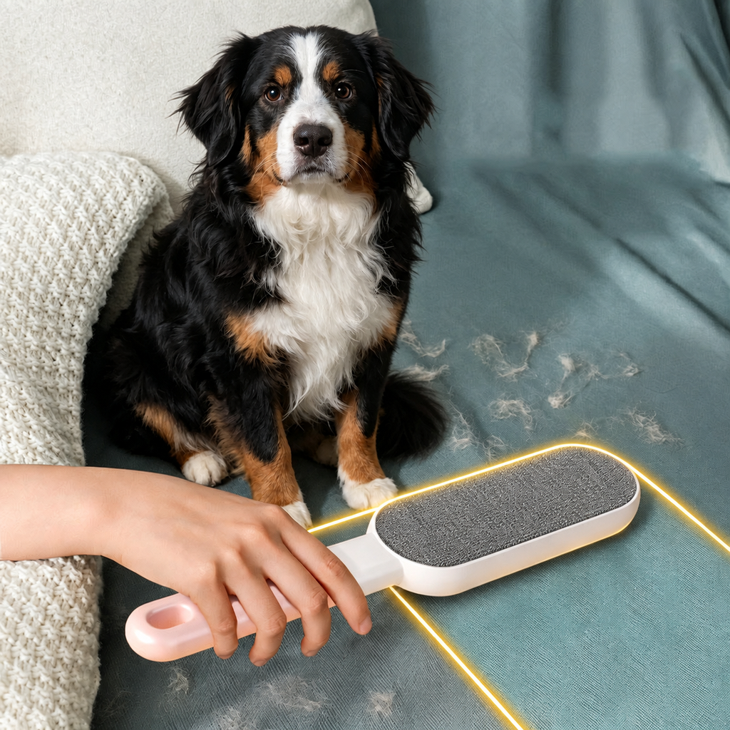 Double-sided pet hair remover brush used on a blanket