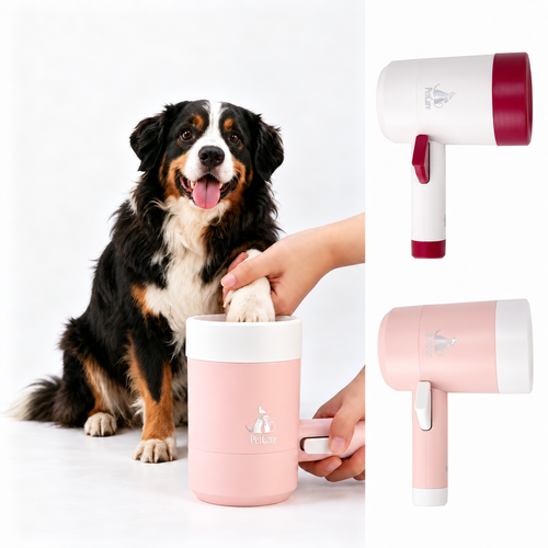 Pink and white pet grooming brush and dryer set with a dog