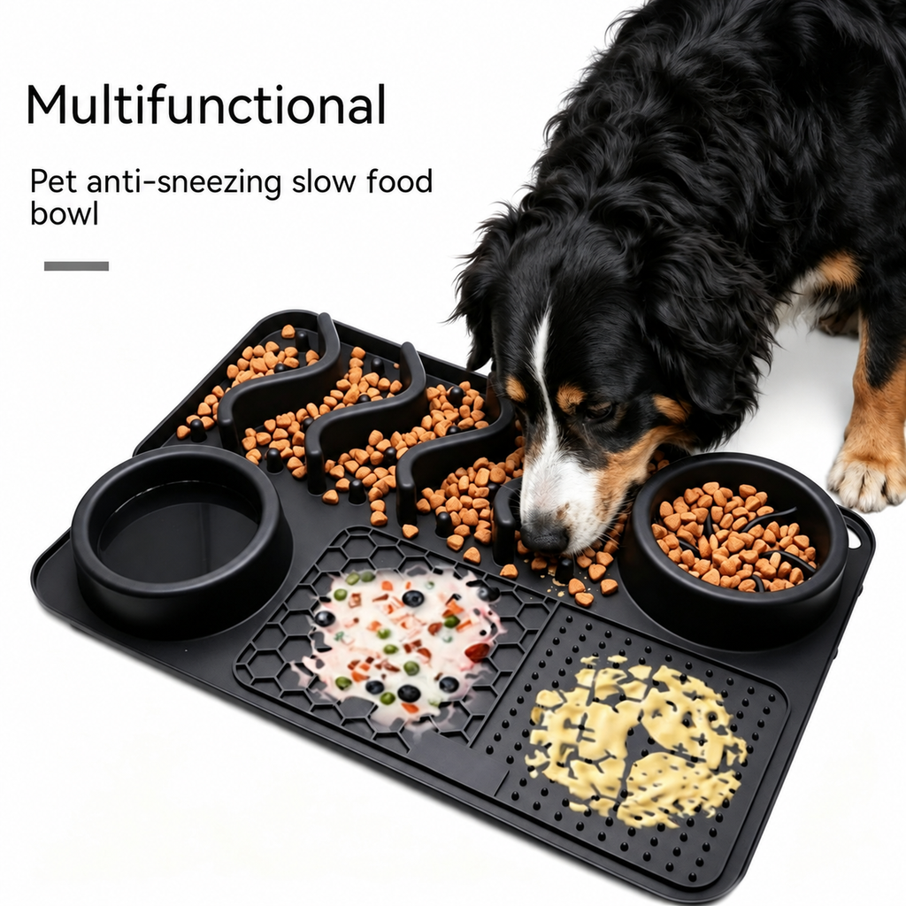 Large tray in Black with a dog eating kibble from the channels. The supplier's on-image text reads "Multifunctional / Pet anti-sneezing slow food bowl".