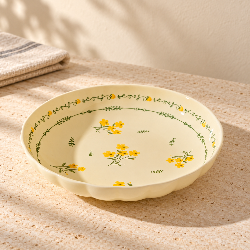 A cream 8 inch plate with a yellow flower and green vine border, on a pale stone table in morning light.