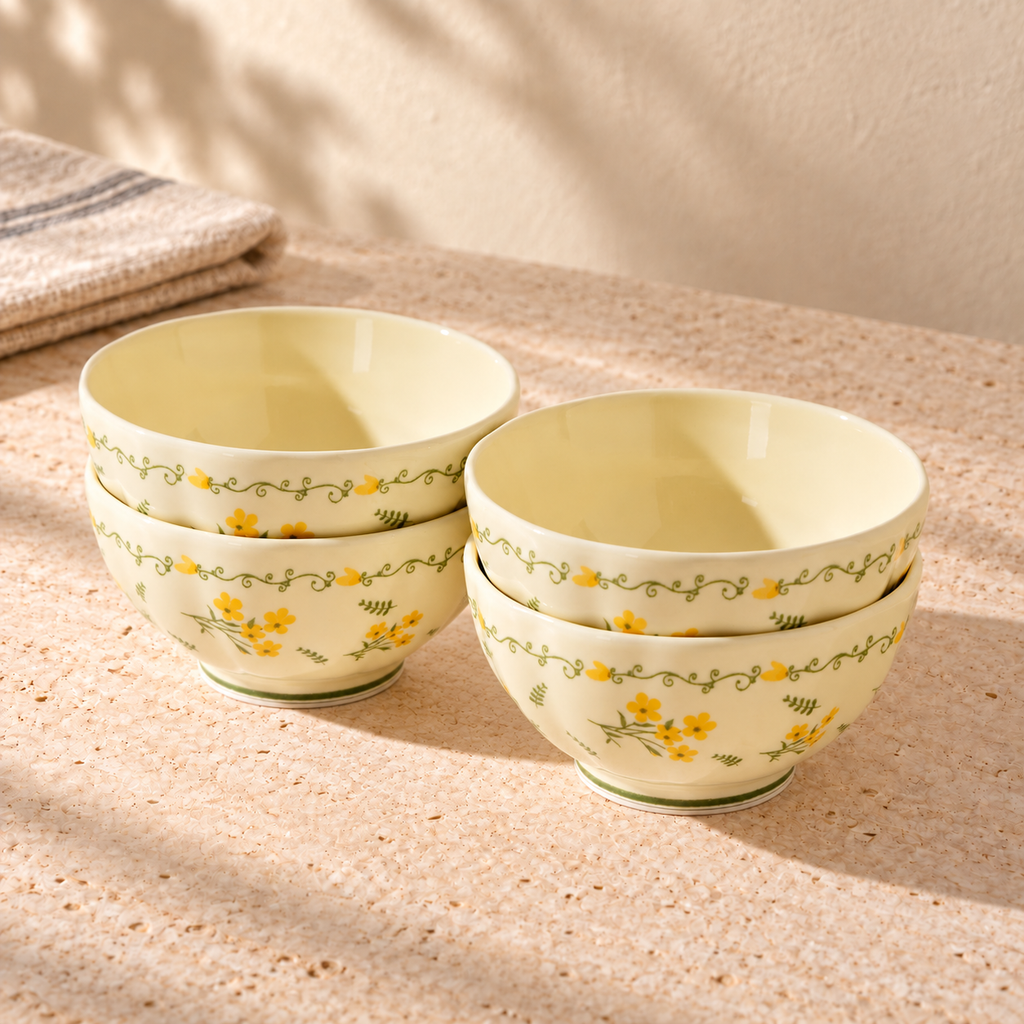 Four cream 4.5 inch rice bowls with a yellow flower and green vine border, stacked in two pairs on a pale stone table in morning light.