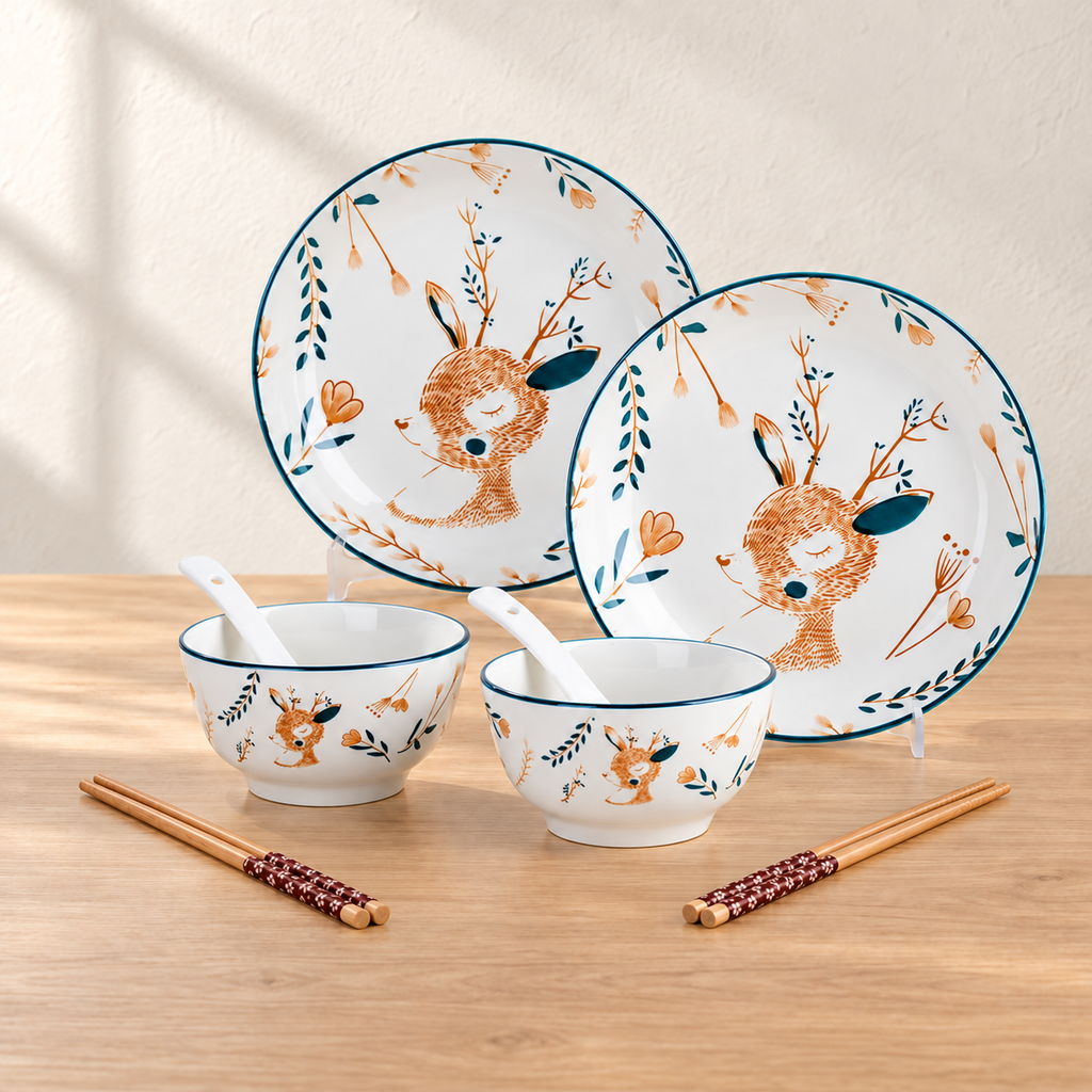 An eight piece deer-print set: two plates, two rice bowls, two spoons and two pairs of chopsticks, on a light wood table. The plate stand is display only.