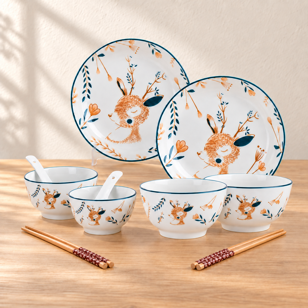 A ten piece deer-print set: two plates, two rice bowls, two noodle bowls, two spoons and two pairs of chopsticks, on a light wood table. The plate stand is display only.