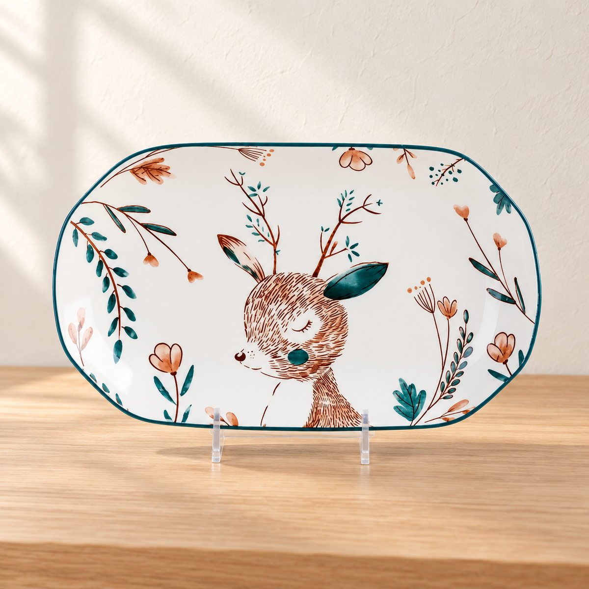 An oval deer-print platter with a painted fawn and flowers, shown upright on a stand. The stand is display only.