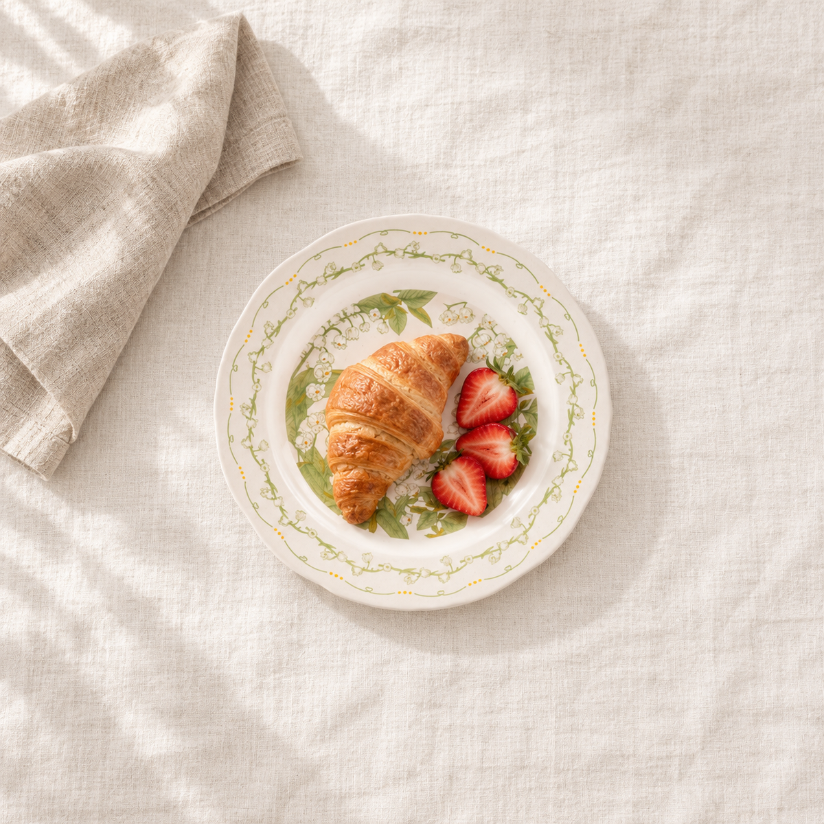 A lily-of-the-valley plate holding a croissant and sliced strawberries, on a linen cloth in morning light. The food and linen are styling and are not included.