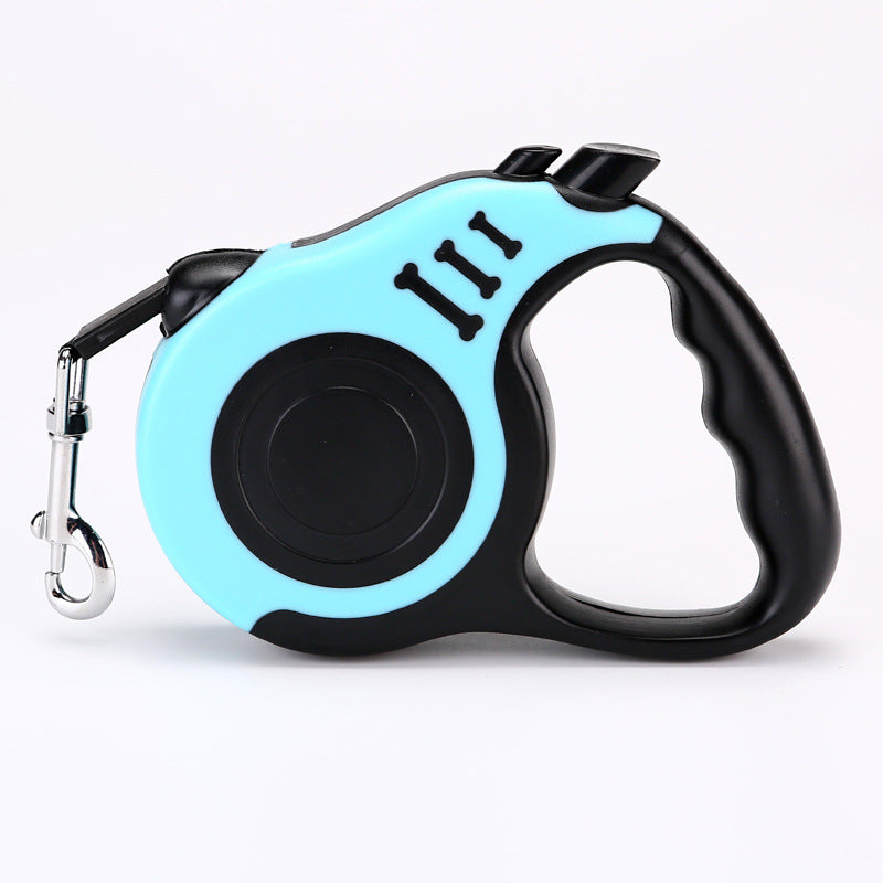 Light blue retractable leash with a black grip, side view on white