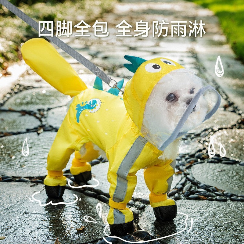 Dog Raincoat, Four-Leg Waterproof with Dinosaur Hood, XS to 8XL
