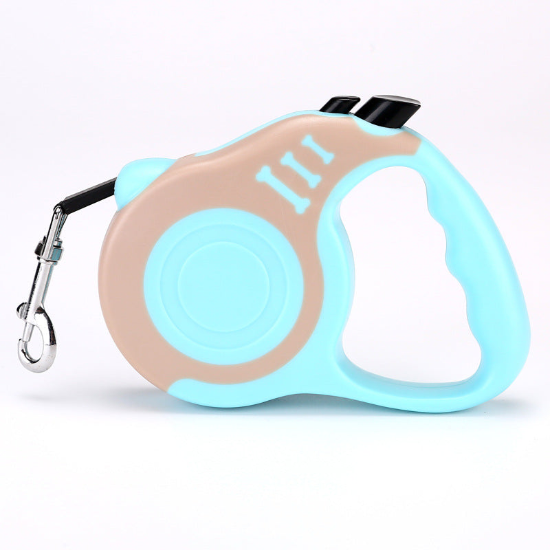 Pale blue and tan retractable leash with a pale blue grip, side view on white