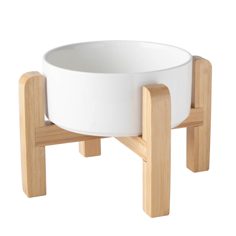 Ceramic Pet Bowl with Raised Wooden Stand, 3 Sizes