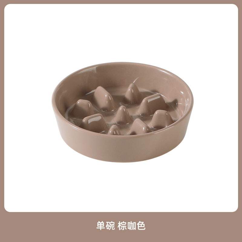 Ceramic Slow Feeder Bowl with Raised Bamboo Stand